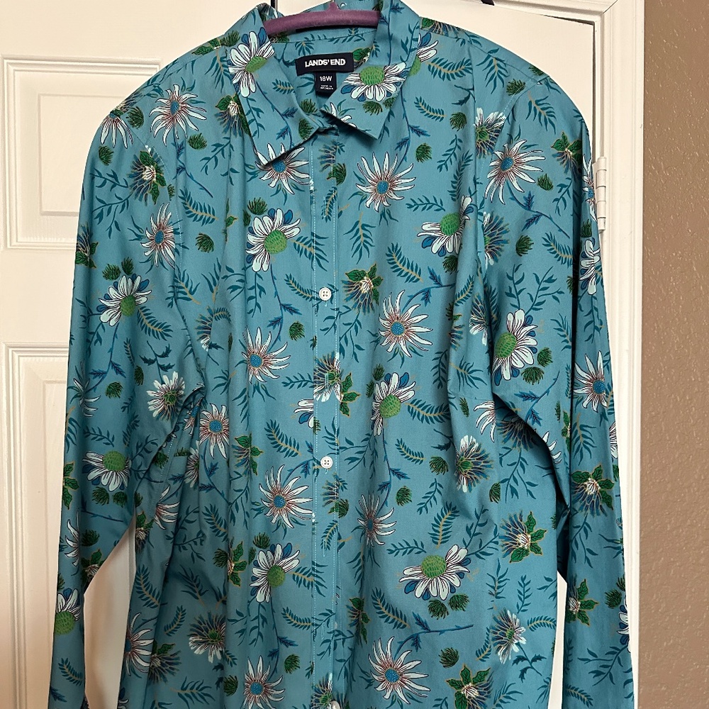 Lands' End 18W No Iron 100% Supima Cotton Floral Long Slv Button Down Top